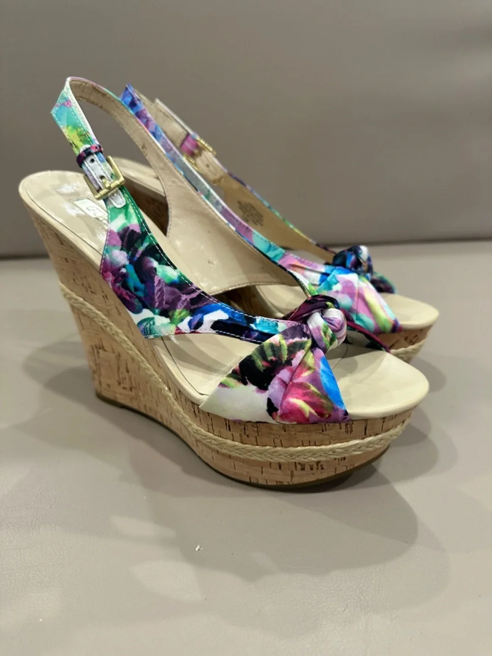 Floral Print Cork Wedge Sandals - Multicolor